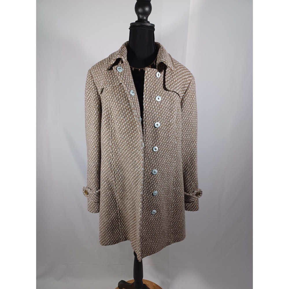 Worth Coat Womens Medium Beige Wool Tweed Check Belted Button Front Trench‎